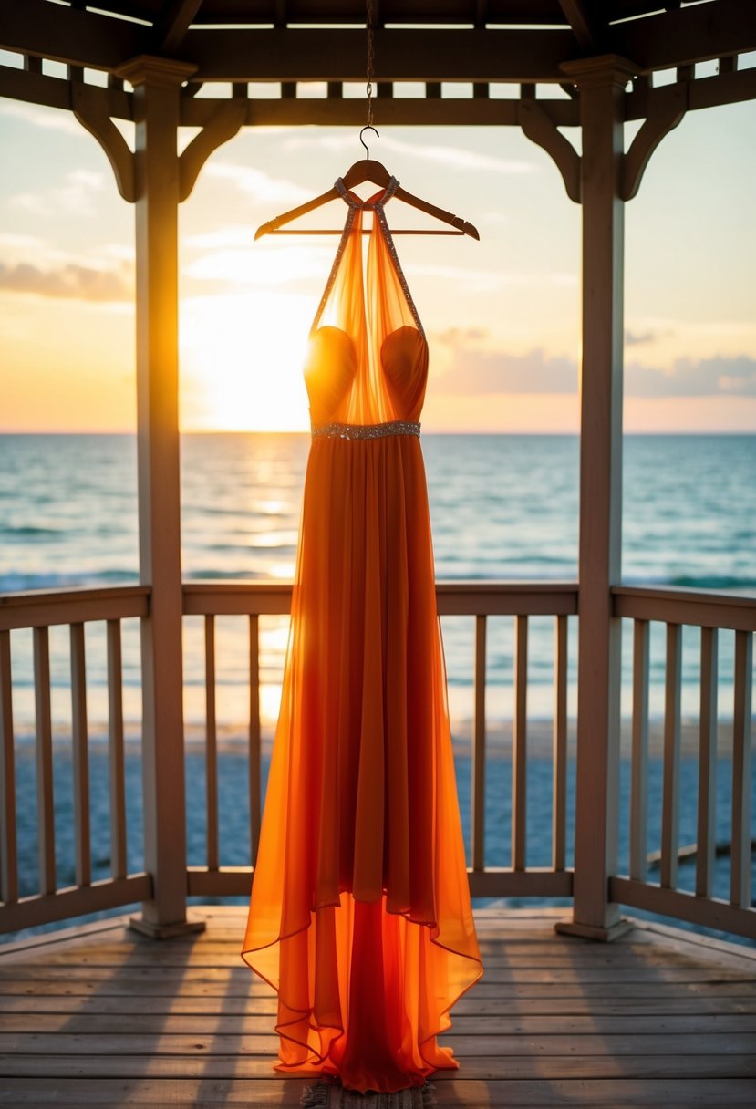 A flowy sunset orange halter neck dress hanging on a beachfront wedding gazebo, with the sun setting behind the ocean