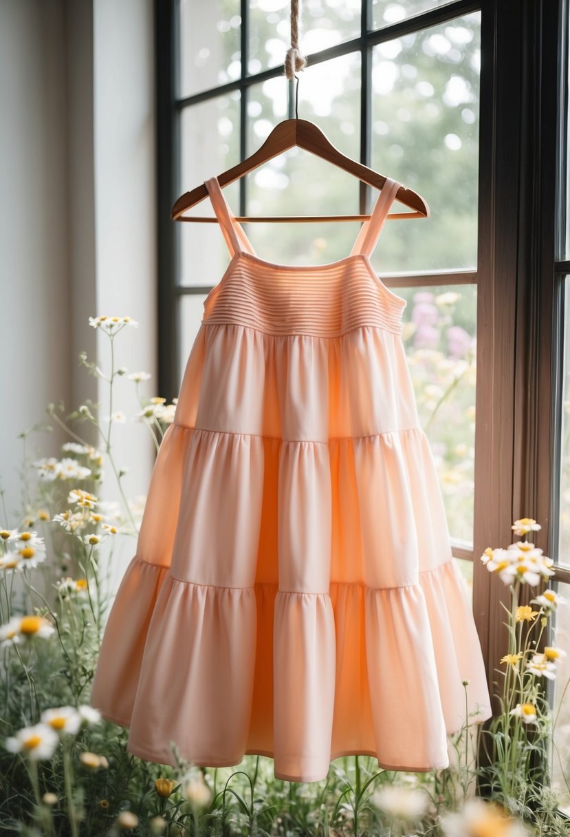 A soft peach tiered dress hanging on a vintage wooden hanger, surrounded by delicate wildflowers and dappled sunlight filtering through a window