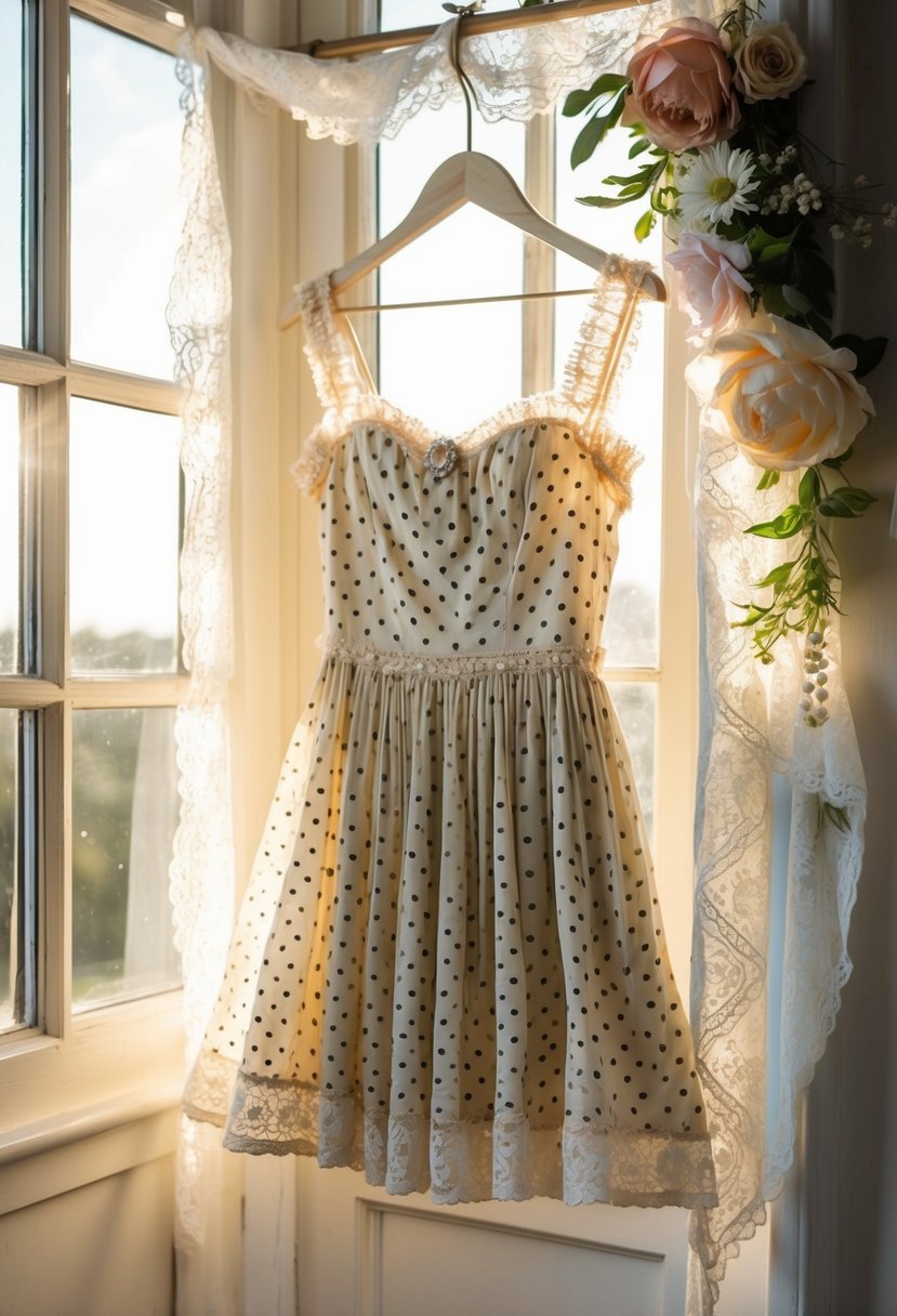 A vintage polka dot mini dress hangs on a hanger, surrounded by delicate lace, pearls, and floral accents. Sunshine streams through an open window, casting a warm glow on the fabric