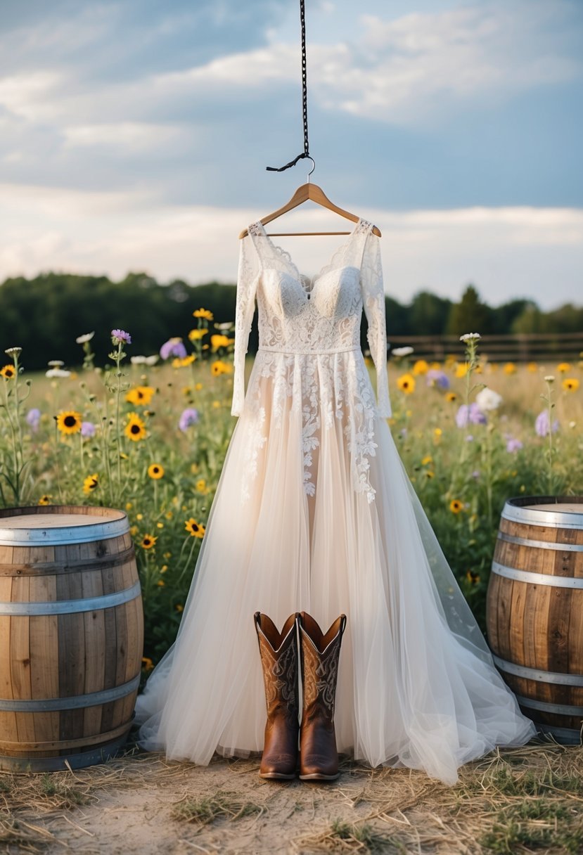 A rustic barn setting with wildflowers and wooden barrels, showcasing a flowing lace and tulle wedding dress with cowboy boots