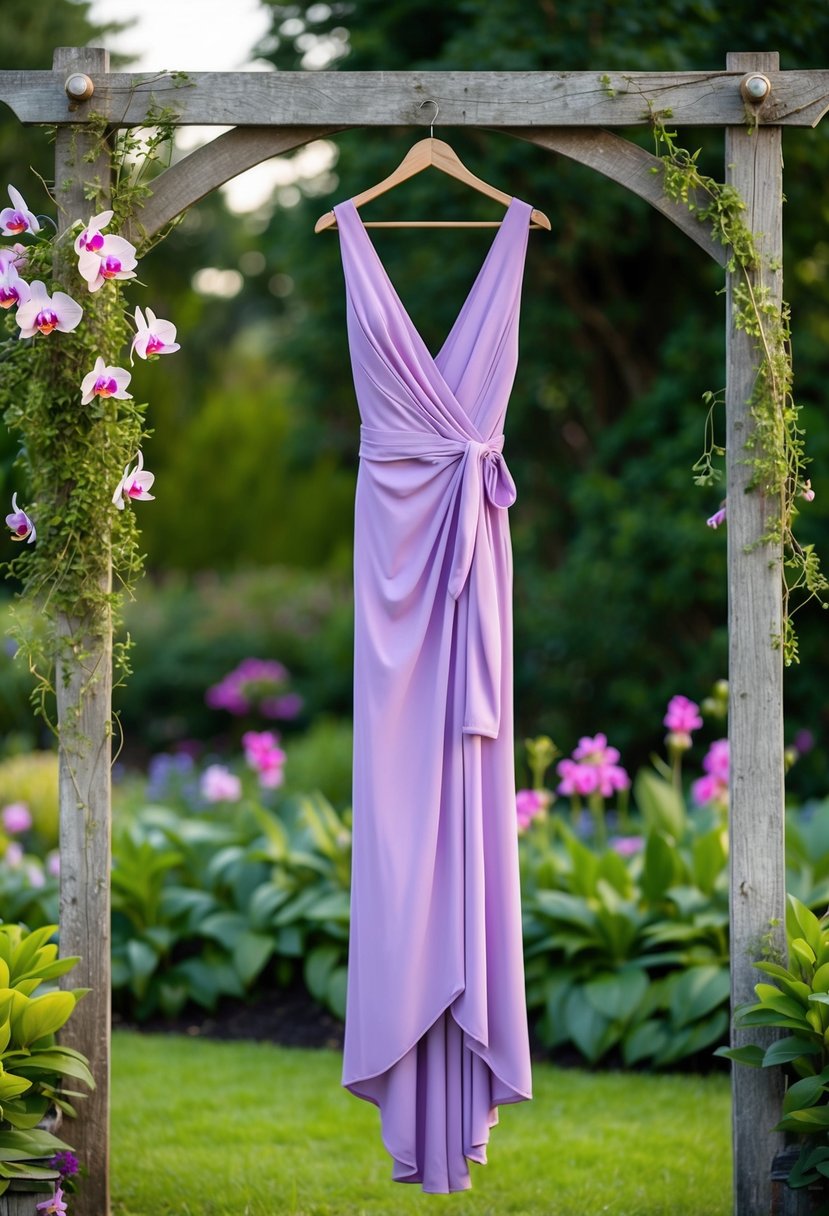 A serene garden setting with a vibrant orchid wrap maxi dress hanging from a rustic wooden archway, surrounded by lush greenery and blooming flowers