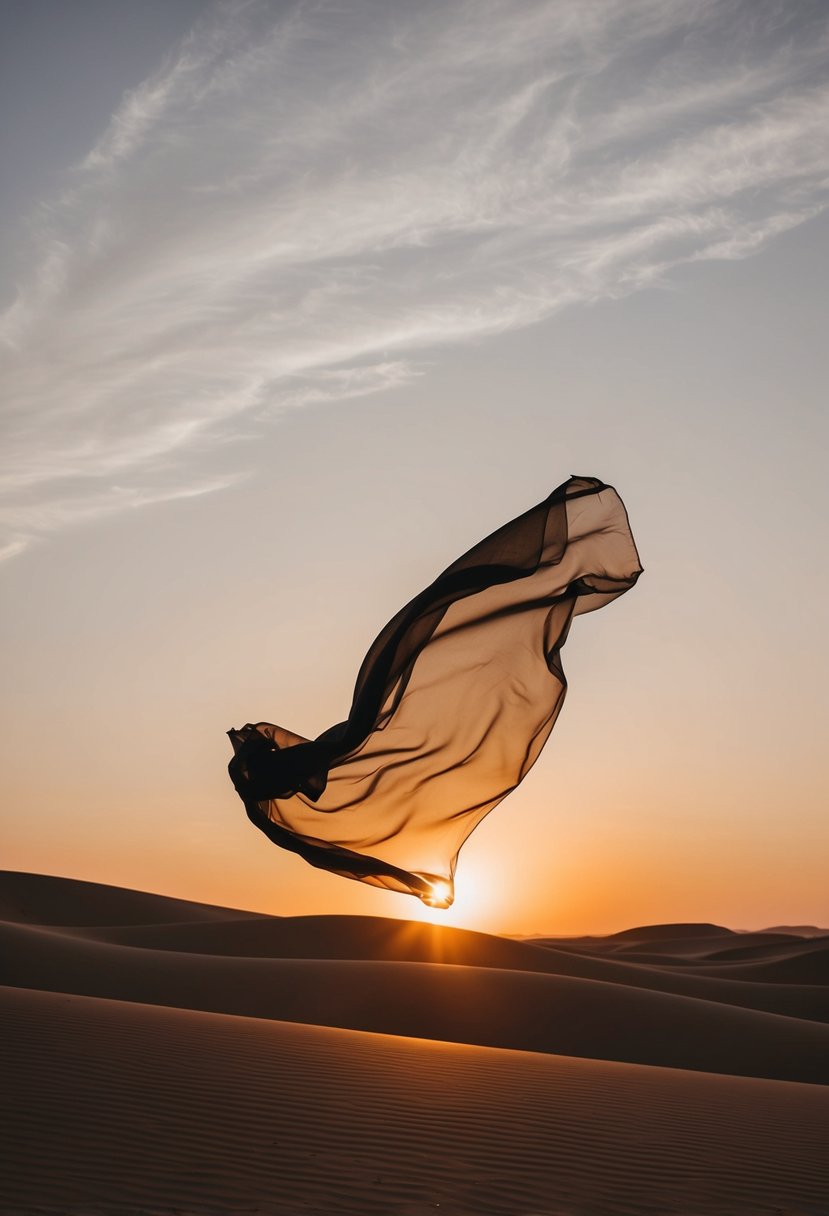 A desert sunset with billowing fabric and flowing silhouettes