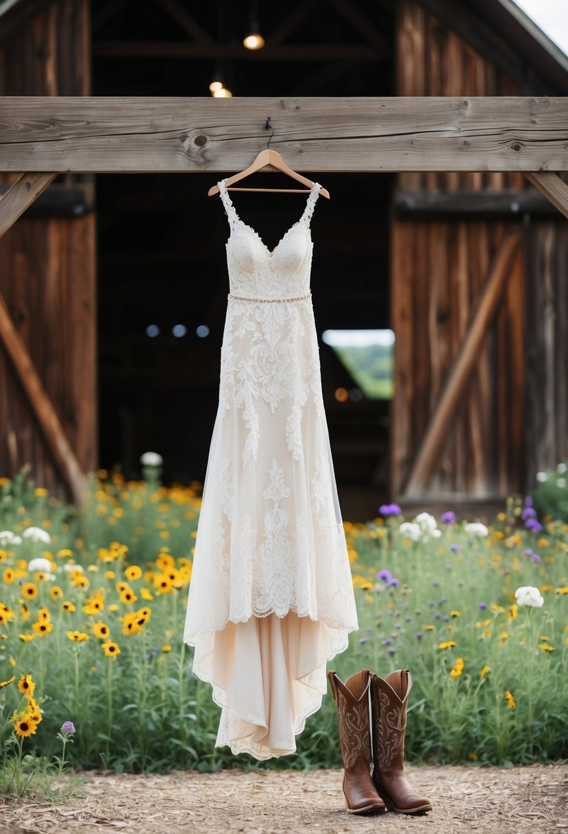 A rustic barn setting with a flowing, lace-adorned wedding dress hanging from a wooden beam, surrounded by wildflowers and cowboy boots