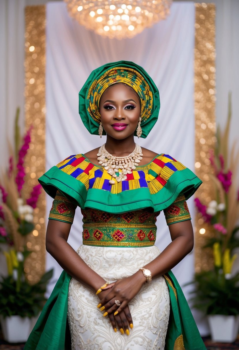 A bride in a traditional Nigerian wedding dress, adorned with vibrant colors and intricate patterns, standing in front of a decorative backdrop