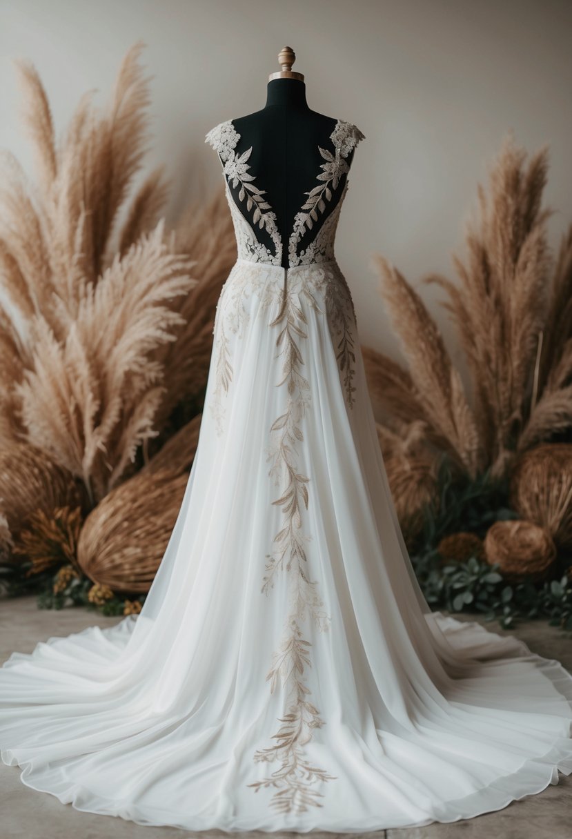 A flowing white wedding gown adorned with delicate floral lace and intricate leaf embroidery, accented with earthy tones and natural textures