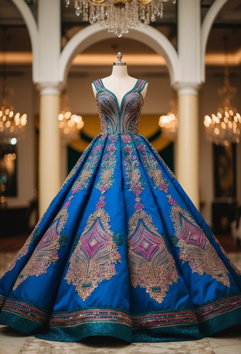 A grand Ankara ball gown displayed in a luxurious setting, with intricate embroidery and vibrant colors, inspired by Nigerian wedding dress traditions