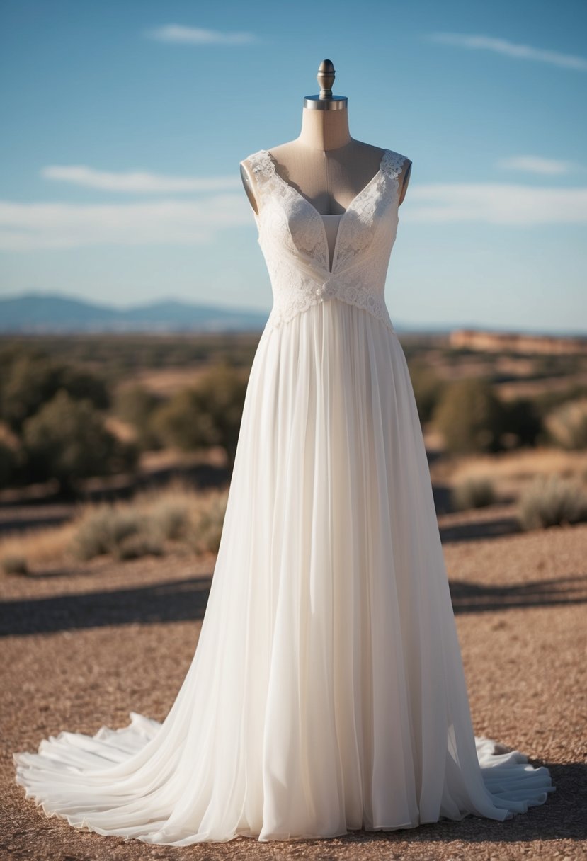 A flowing, airy white wedding dress with lace and chiffon details, set against a backdrop of a rustic western landscape