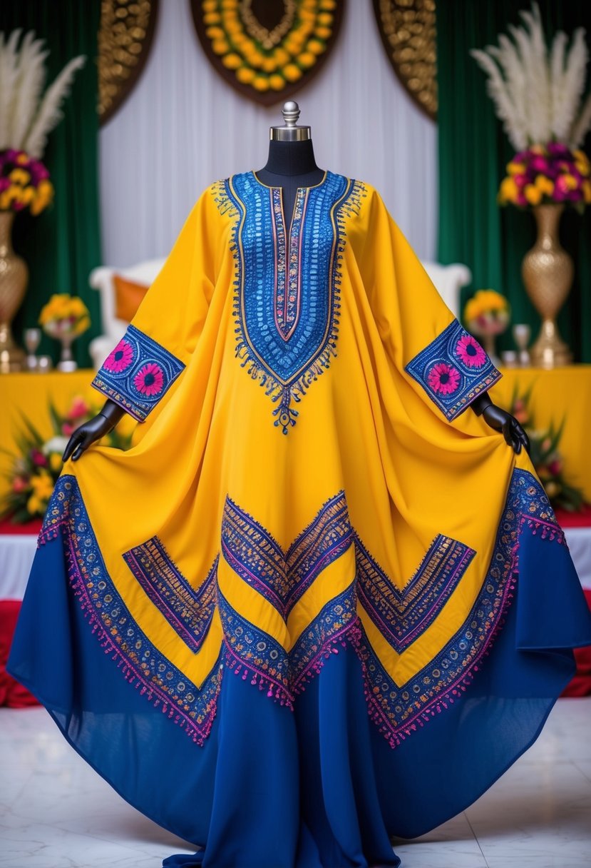 A vibrant, flowing kaftan dress with intricate embroidery and bold patterns, set against a backdrop of traditional Nigerian wedding decor