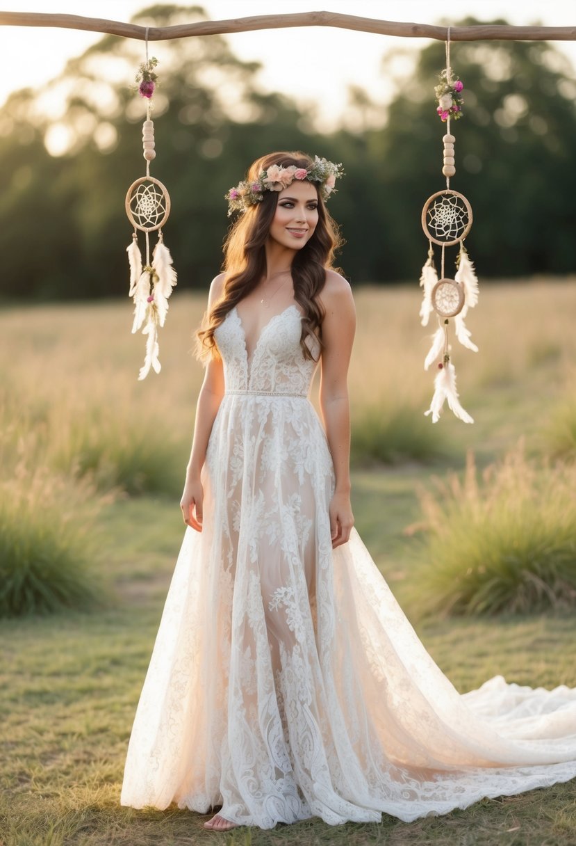 A rustic outdoor wedding with a flowing lace gown, adorned with floral headpieces and dreamcatcher accents