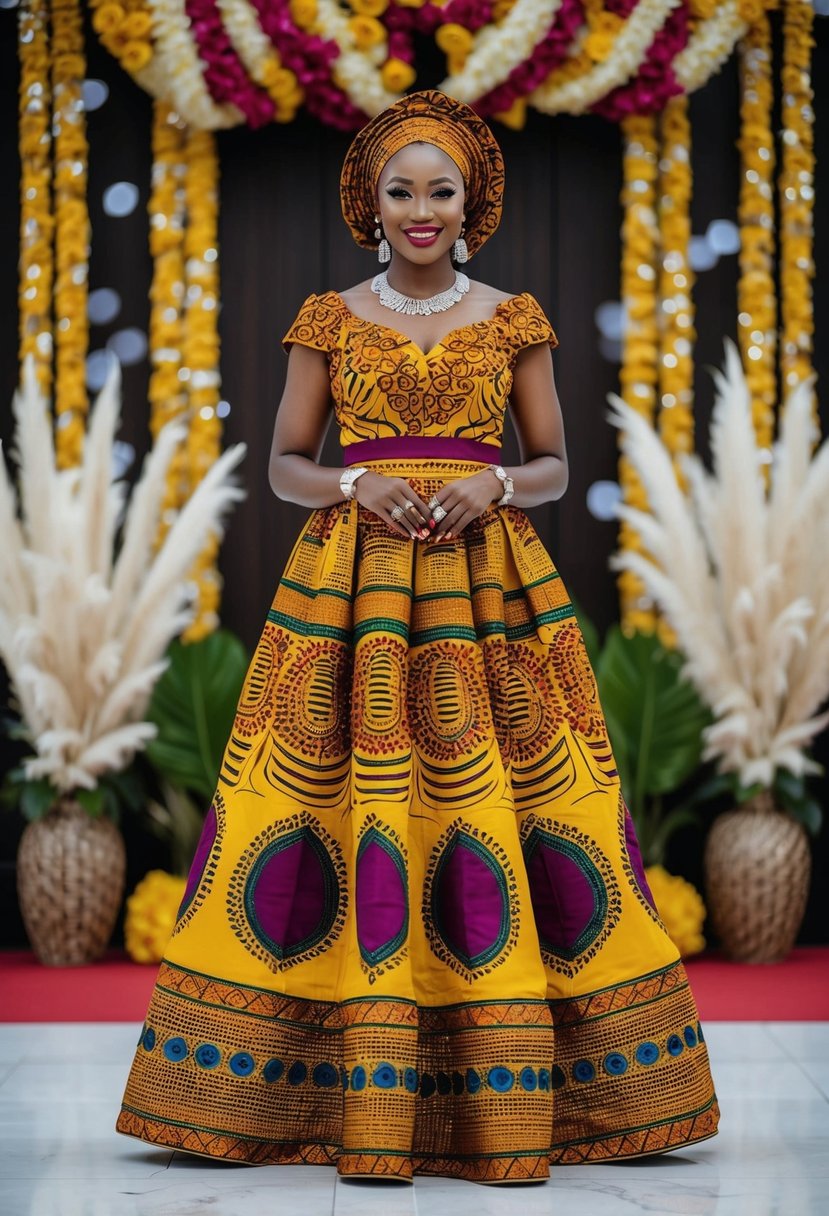 A bride wearing a vibrant Aso Oke dress, adorned with intricate patterns and bold colors, standing in front of traditional Nigerian wedding decor