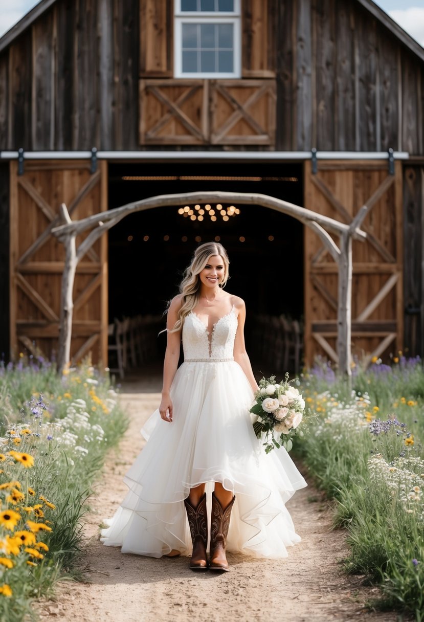 A rustic barn setting with a bride in a flowing white wedding dress and cowboy boots, surrounded by wildflowers and a wooden archway