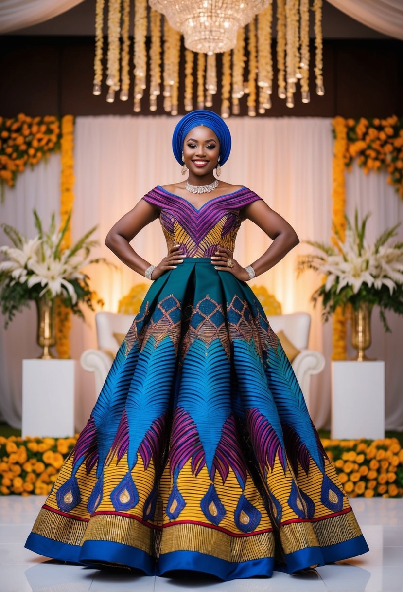 A vibrant gele-inspired gown with intricate patterns and bold colors, set against a backdrop of traditional Nigerian wedding decor