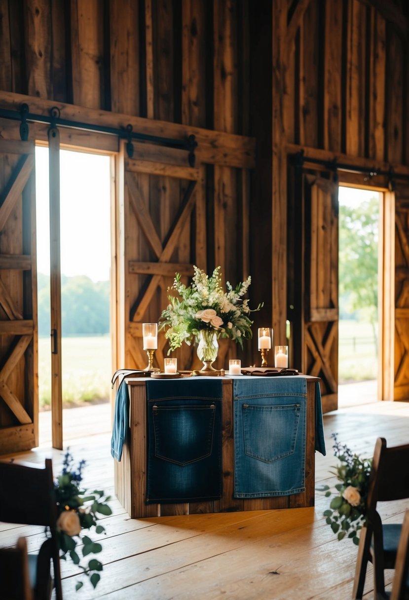 A rustic barn setting with a wooden altar adorned with denim and suede accessories. Sunlight streams through the open doors, casting a warm glow on the scene