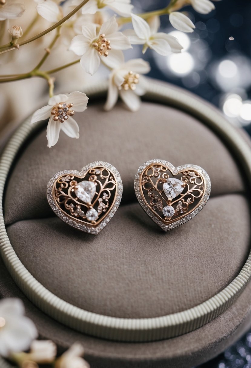 Two heart-shaped earrings with intricate designs, surrounded by delicate floral patterns and twinkling gemstones, displayed on a velvet cushion