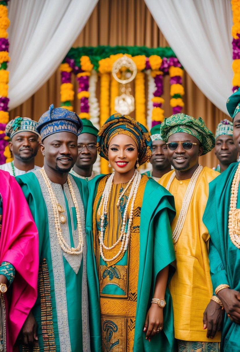 A group of Yoruba traditional attire in vibrant colors and intricate patterns, with ornate headpieces and accessories, set against a backdrop of traditional Nigerian wedding decor