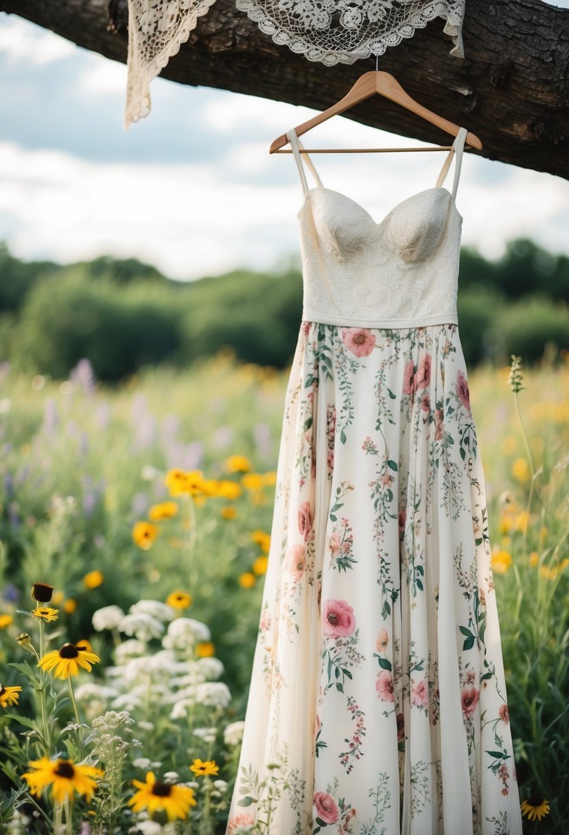 A rustic floral-patterned wedding dress hangs from a wooden hanger, surrounded by wildflowers and vintage lace