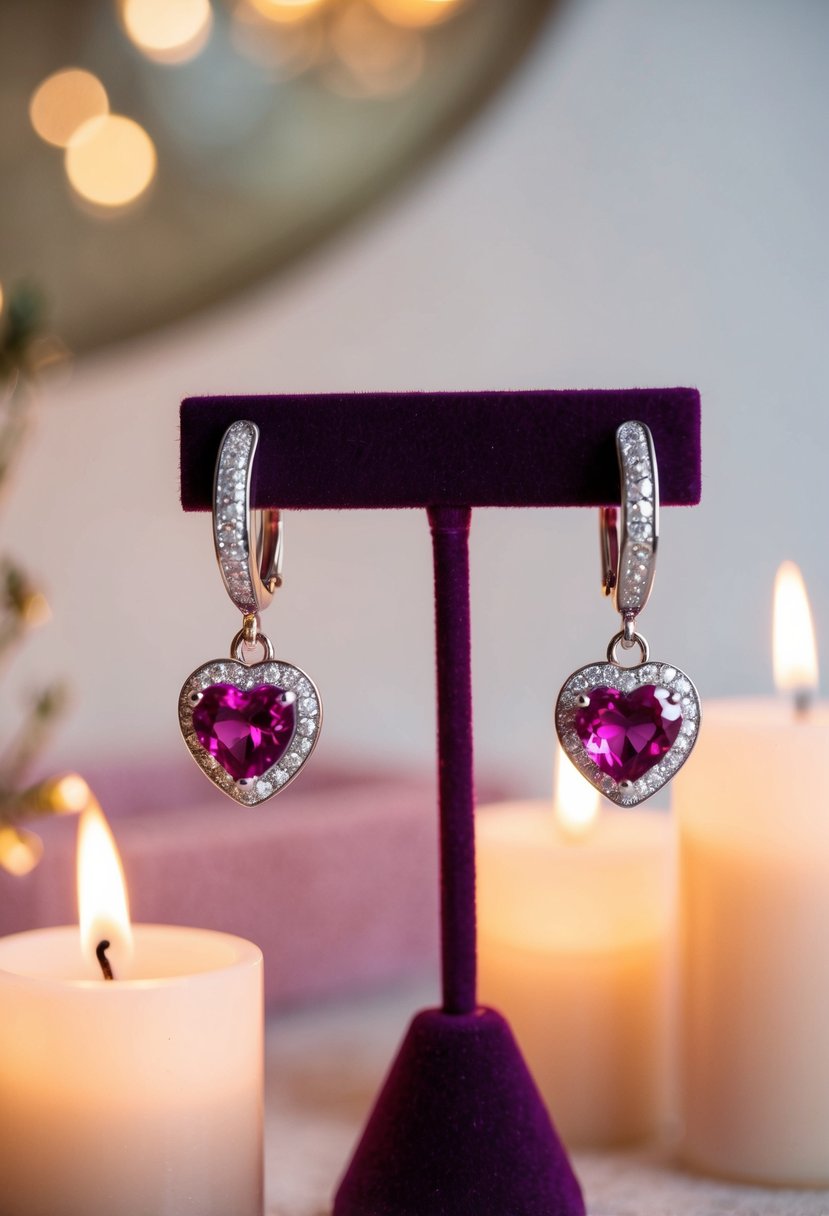 A pair of pink sapphire heart drop earrings displayed on a velvet jewelry stand, surrounded by soft candlelight