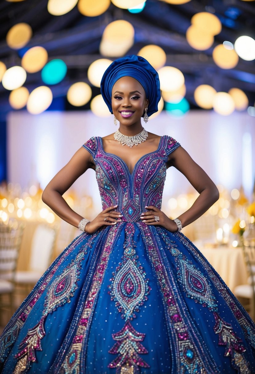 A beaded ball gown with intricate detailing and vibrant colors, inspired by traditional Nigerian wedding attire