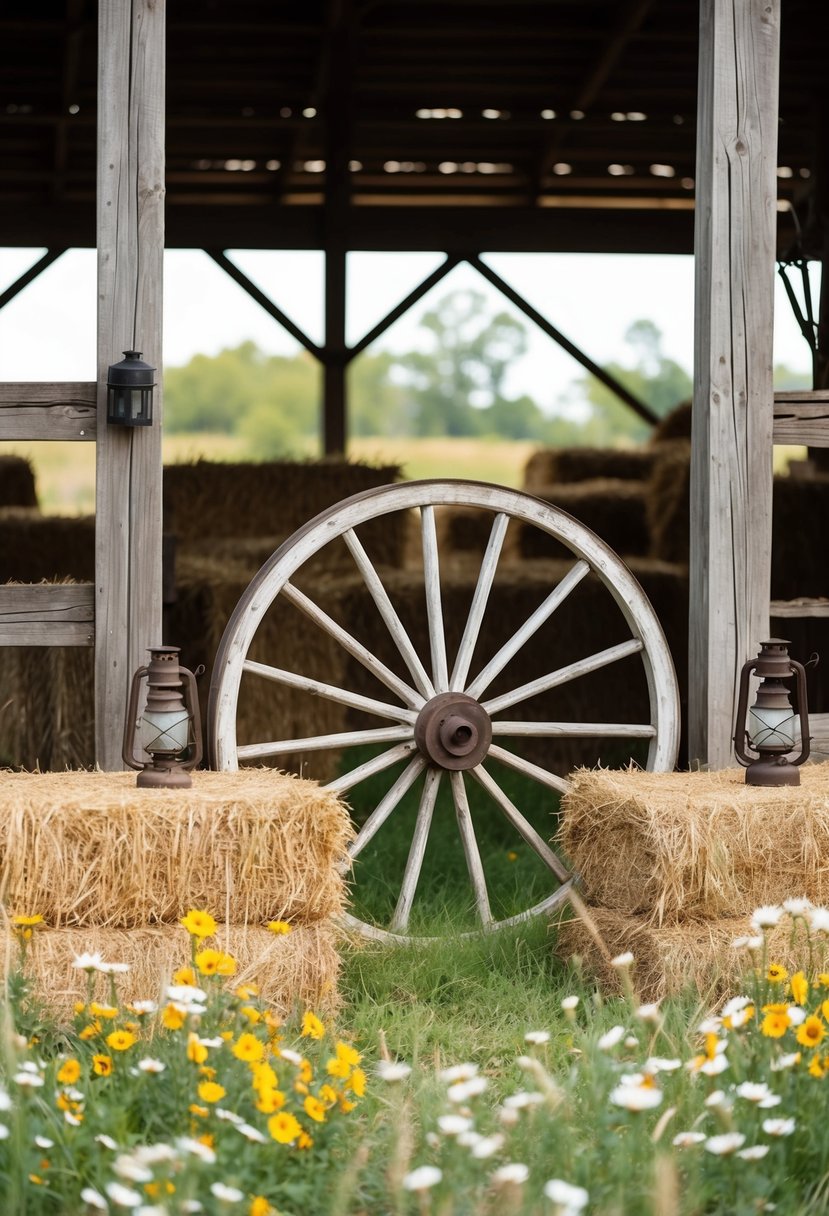 A rustic barn setting with wooden beams, hay bales, and wildflowers. A vintage wagon wheel and lanterns add to the western theme