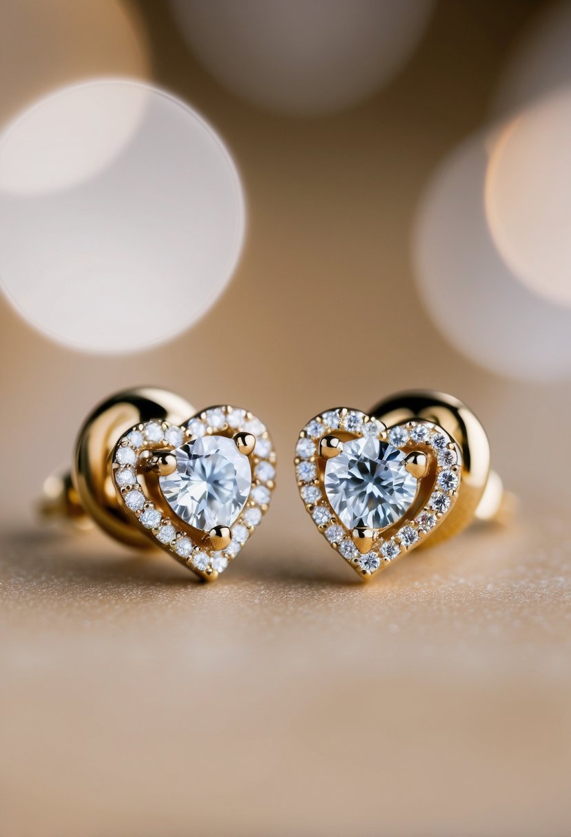 Two delicate heart-shaped earrings adorned with sparkling diamonds, crafted from shimmering 14k gold