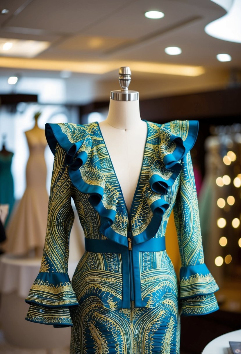 An African ruffle sleeve jacket dress displayed on a mannequin at a Nigerian wedding boutique