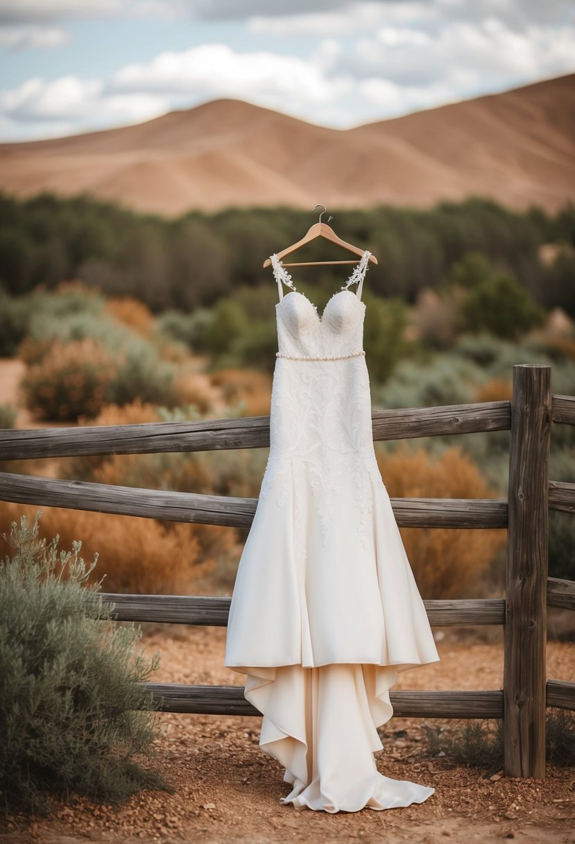 A rustic outdoor wedding setting with a bride's dress hanging on a wooden fence, surrounded by earthy tones of brown, green, and tan