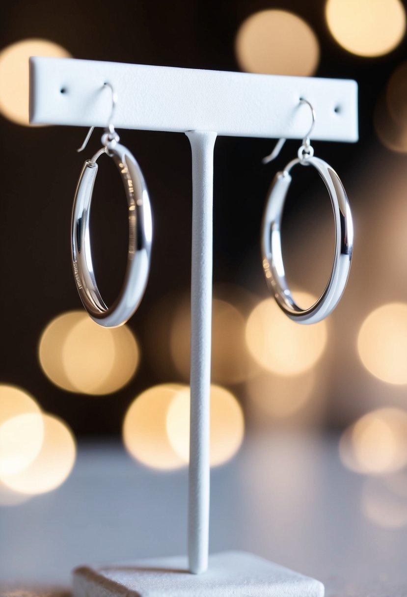 Two sterling silver heart hoop earrings hanging from a white display stand