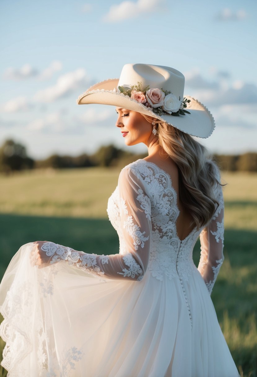 A Western bridal hat with lace and floral details, paired with a flowing white wedding dress