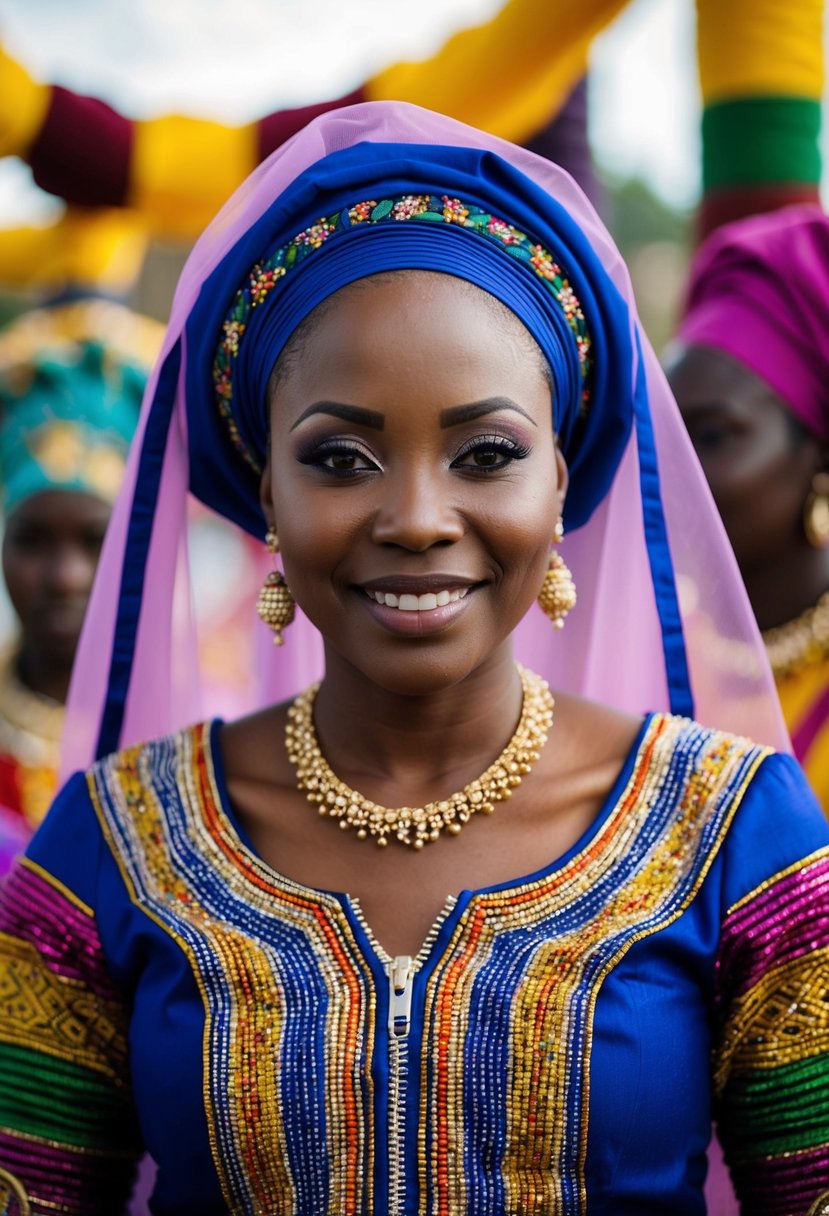 A traditional Nigerian bride wearing a front zipper dress, surrounded by vibrant colors and intricate beadwork