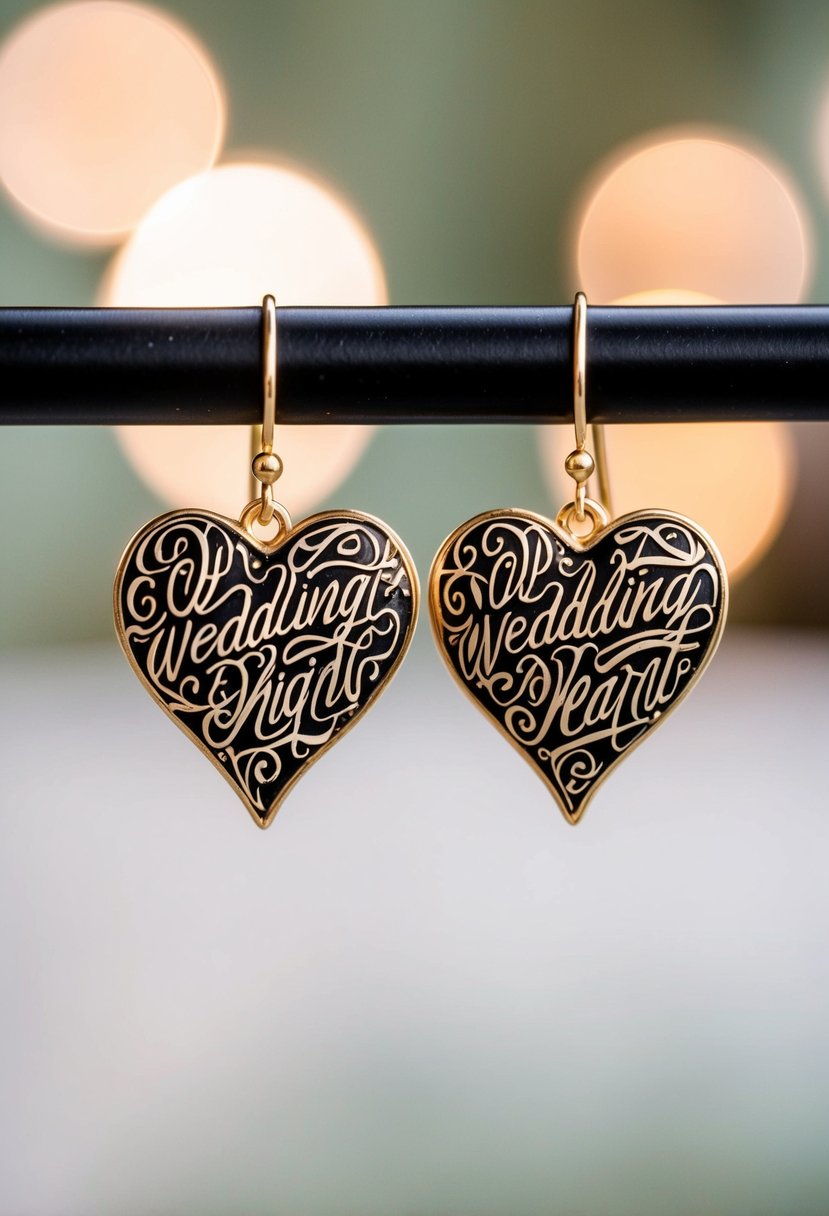 A pair of heart-shaped earrings with intricate hand-lettered calligraphy, perfect for a wedding day