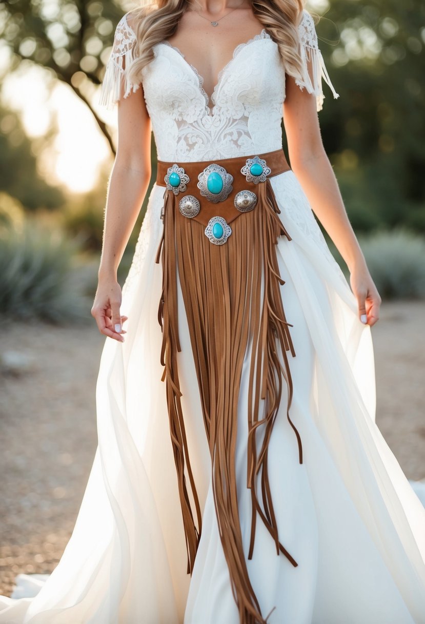 A flowing white wedding dress with intricate leather fringe and lace details, adorned with silver conchos and turquoise accents