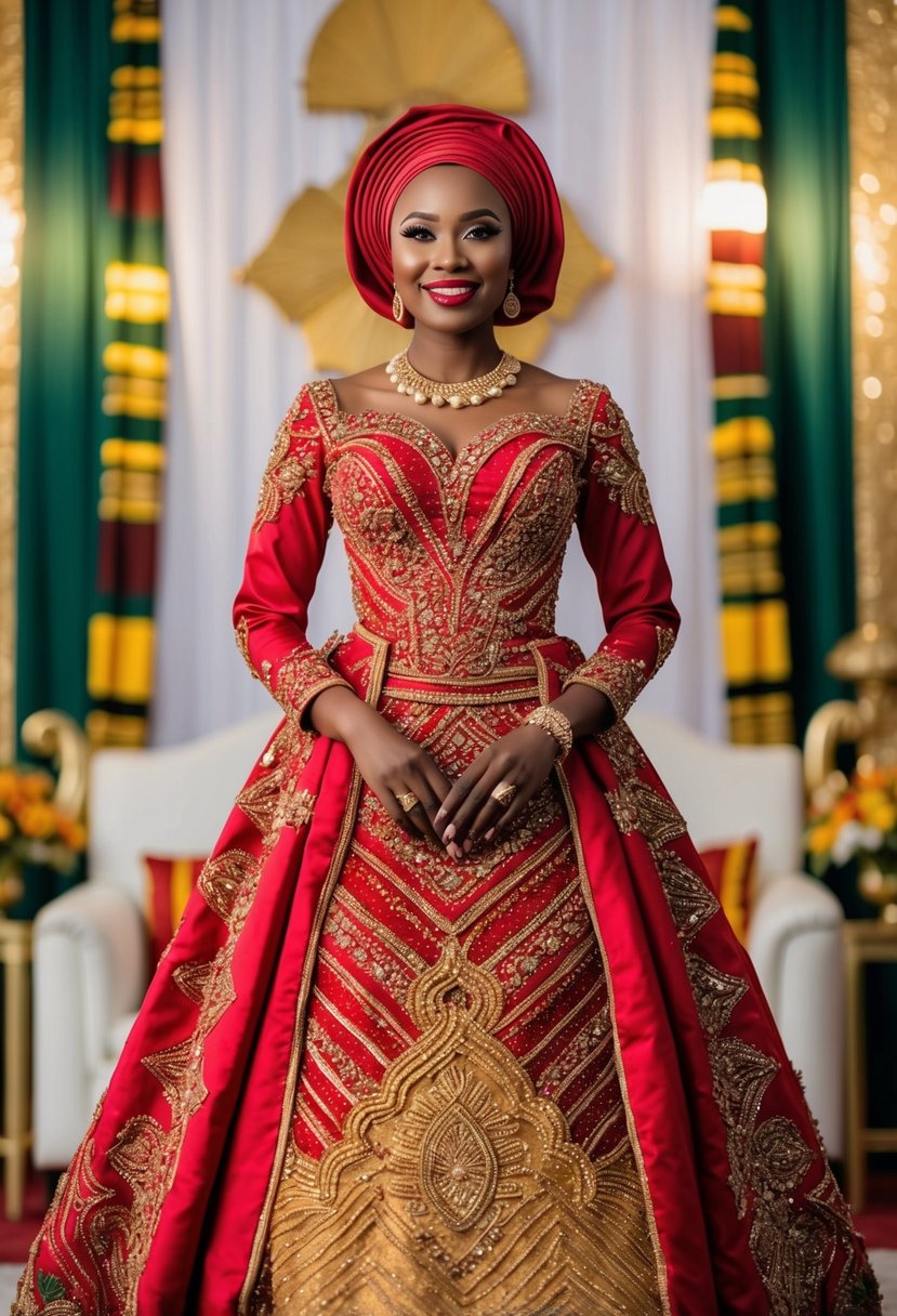 A bride in a vibrant red and gold Igbo wedding dress, adorned with intricate beadwork and embroidery, stands in front of a traditional Nigerian backdrop