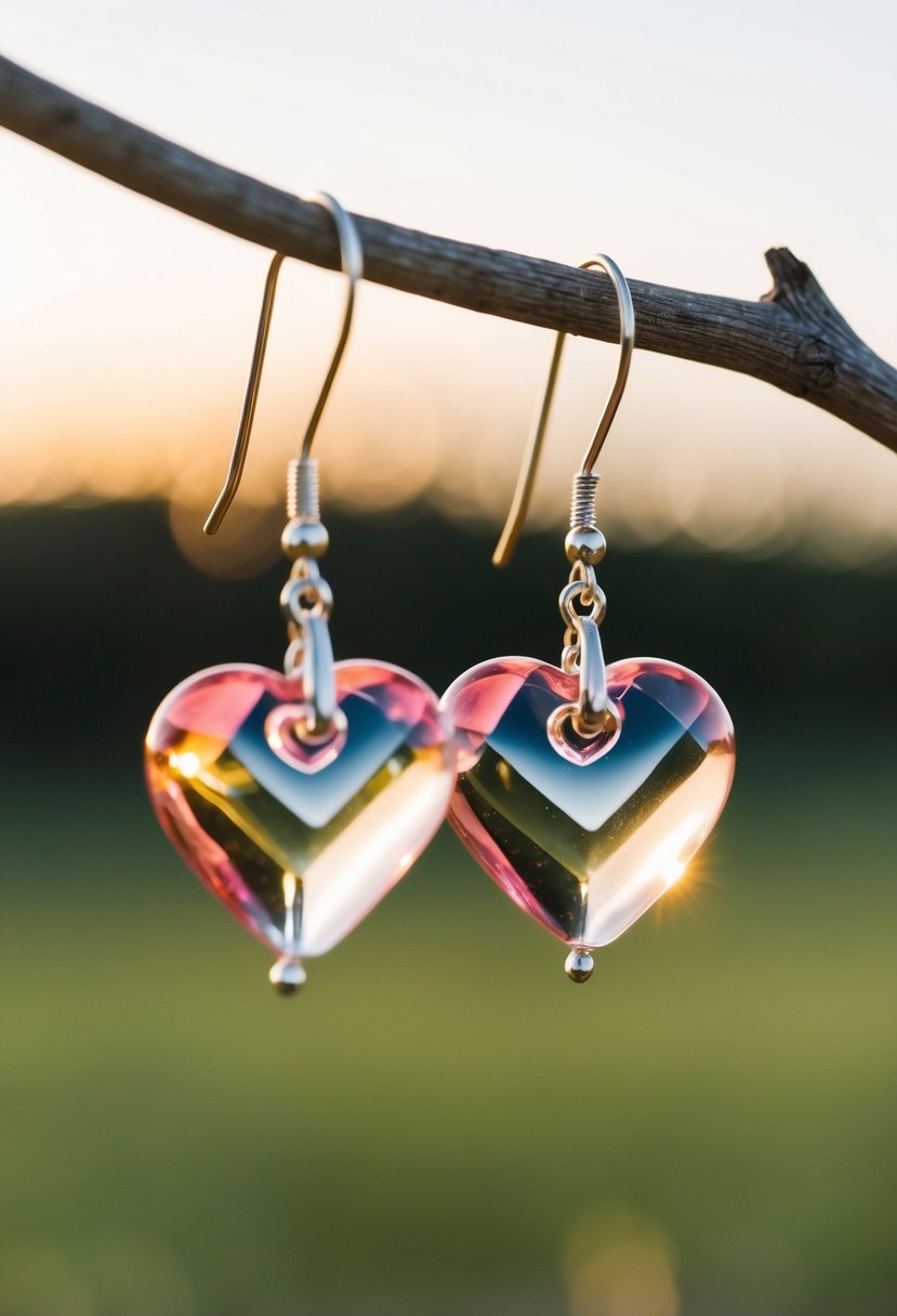 A pair of heart-shaped glass drop earrings dangle from a delicate stand, catching the light and casting a soft, romantic glow