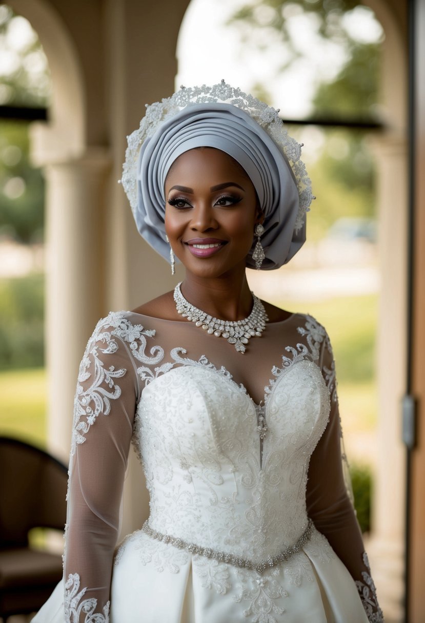 An elegant, classy wedding dress with intricate lace and beadwork, inspired by Nigerian traditional attire