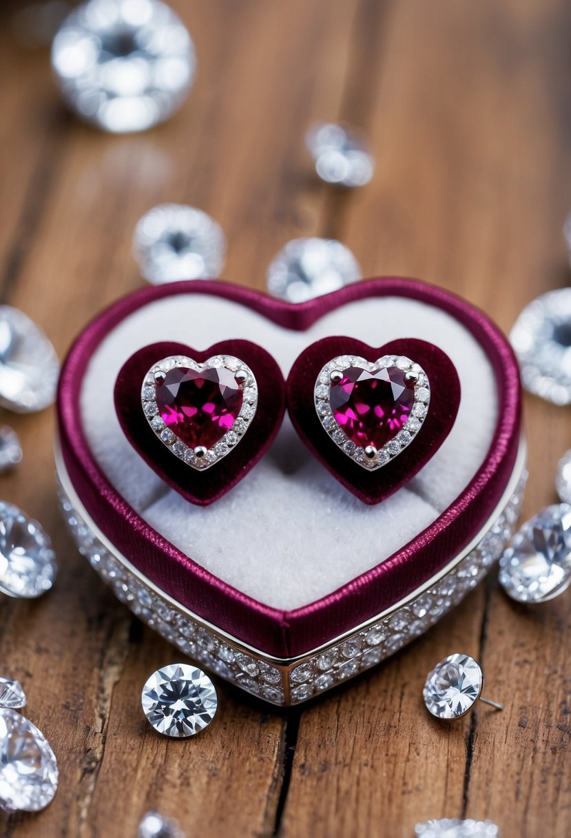 A pair of delicate ruby heart earrings displayed on a velvet cushion, surrounded by sparkling diamond accents