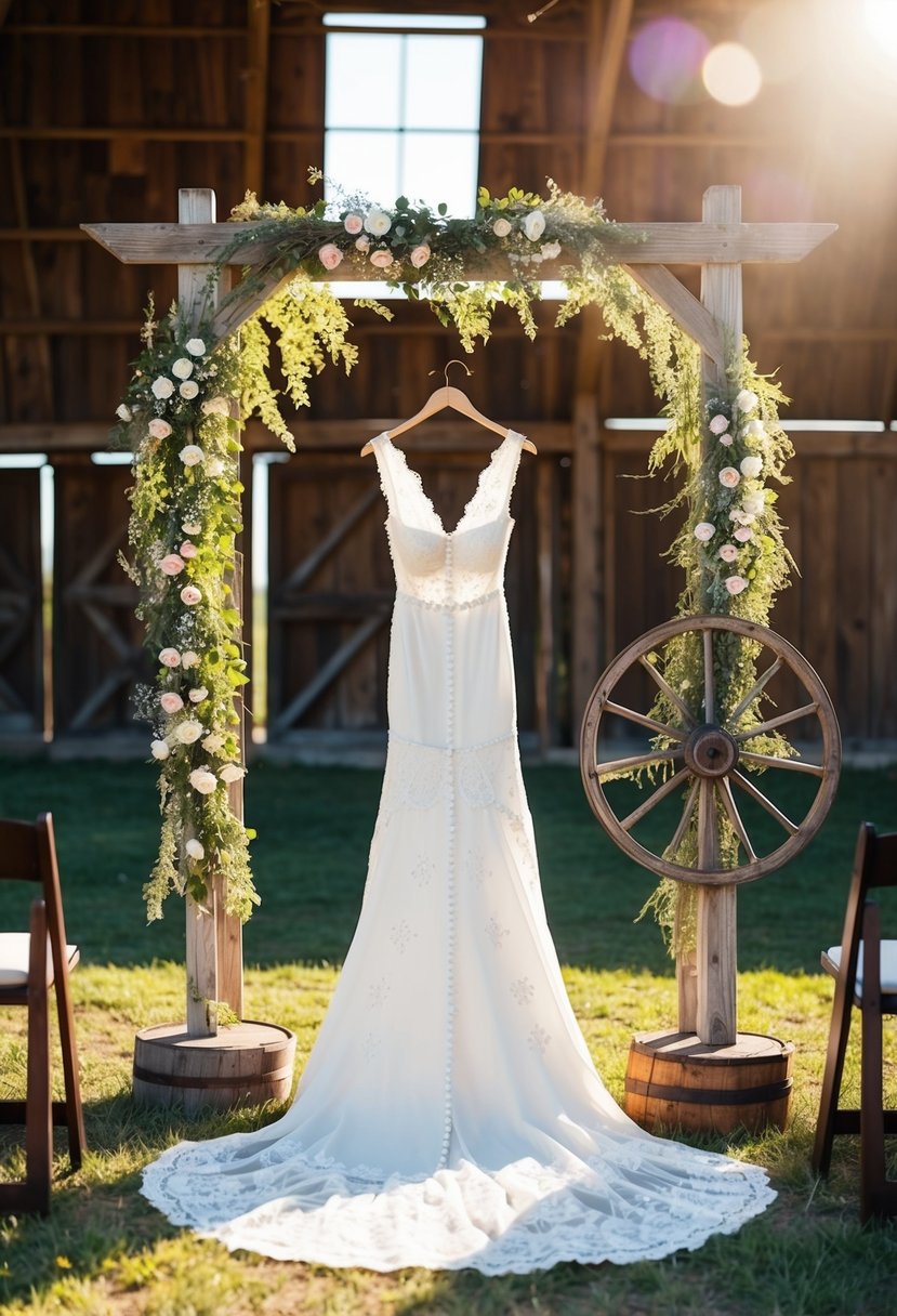 A rustic barn setting with a wooden arbor draped in wildflowers and a vintage wagon wheel decor. Sunlight filters through the open windows, casting a warm glow on the lace and pearl snap details of the western wedding dress