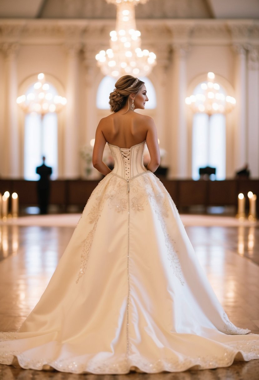 A bride stands in a grand ballroom, wearing a corset-style bridal gown with intricate lace detailing and a flowing train. The gown is adorned with delicate beading and sparkles in the soft candlelight