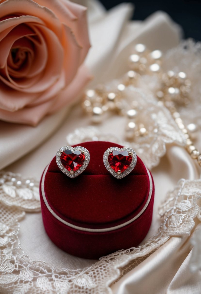 A pair of red rhinestone heart studs sparkle on a velvet jewelry display, surrounded by delicate lace and satin fabric