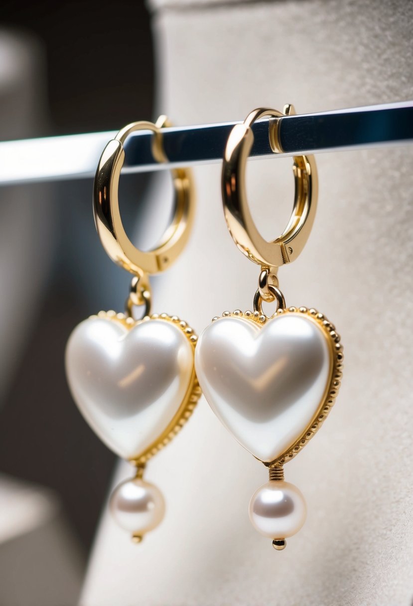 A pair of pearl heart dangle earrings hanging from a jewelry display, with soft lighting accentuating their delicate details