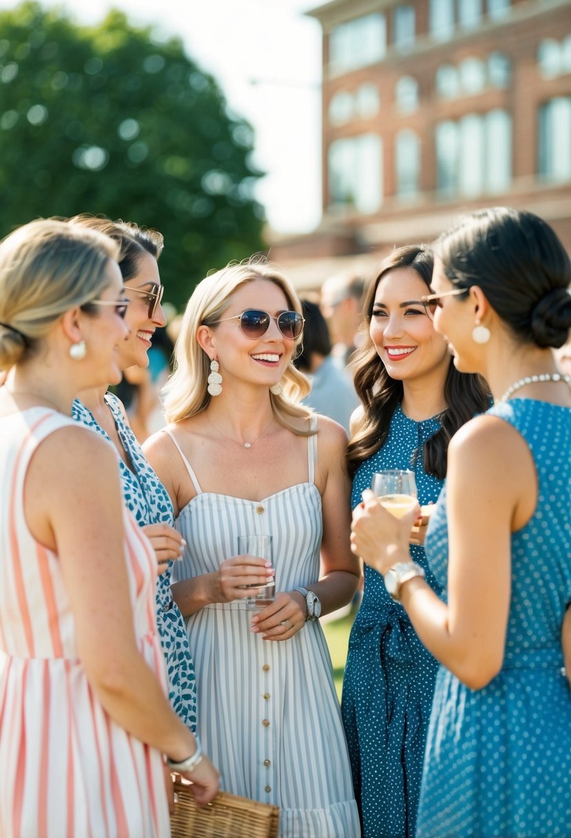 A group of women in sundresses chatting at a casual outdoor event