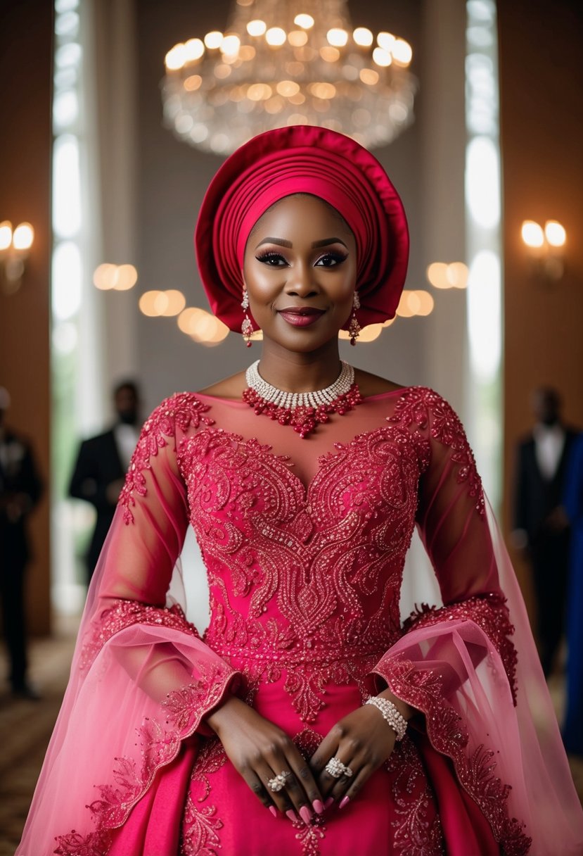 A vibrant red and pink Asoebi wedding dress with intricate beadwork and lace details