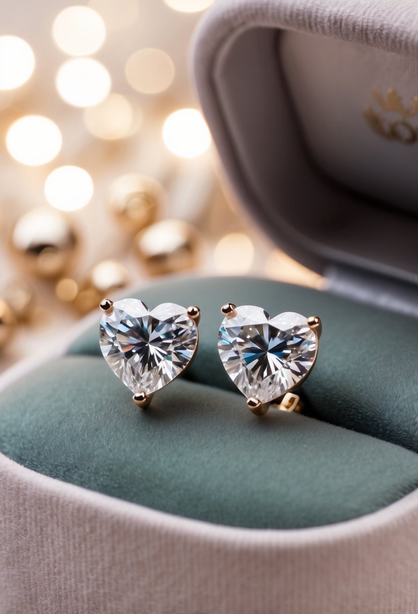 Two heart-shaped diamond earrings displayed on a velvet cushion, surrounded by soft, romantic lighting