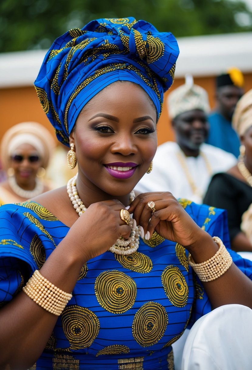 A Yoruba woman elegantly tying a colorful Gele headwrap for a Nigerian wedding ceremony