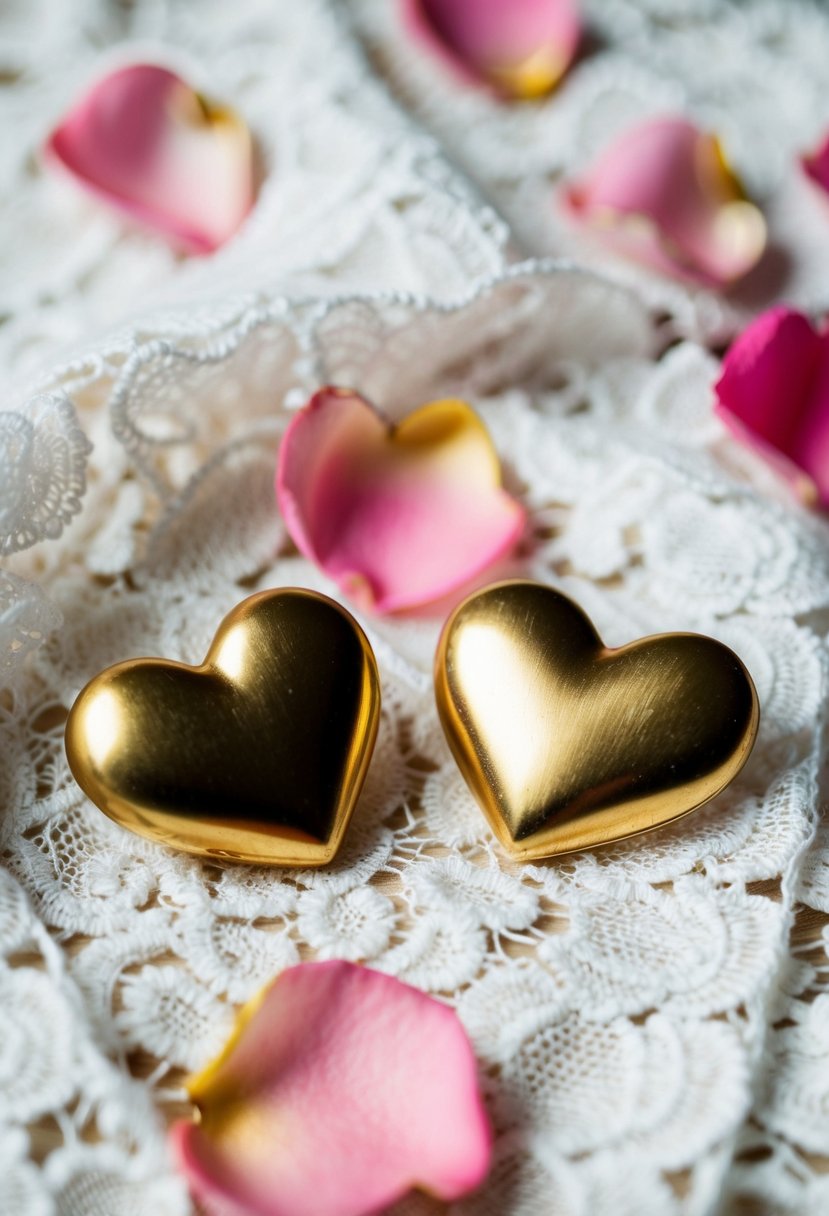 Two gold-plated brass heart earrings arranged on a white lace fabric with soft pink rose petals scattered around them