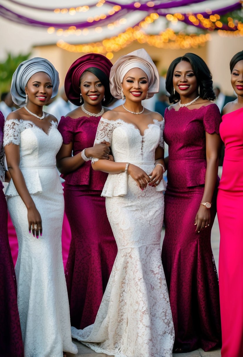 A group of women wearing modern Asoebi lace dresses at a vibrant Nigerian wedding