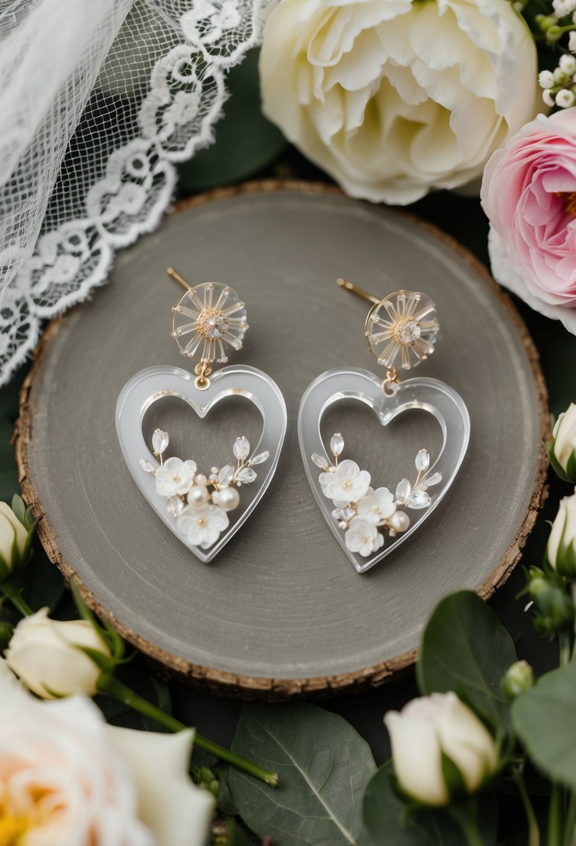 A pair of acrylic heart-shaped earrings with delicate bride details, surrounded by wedding flowers and a lace veil