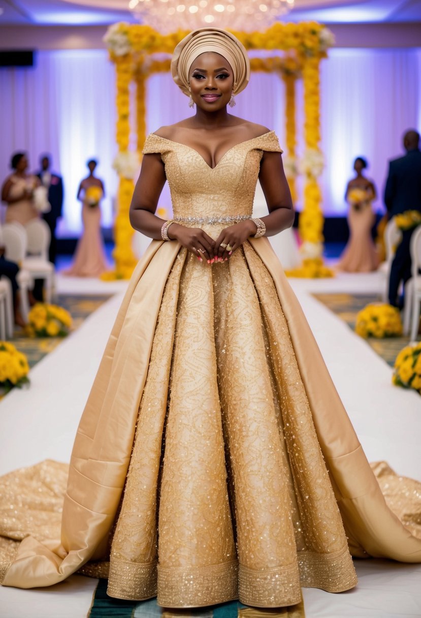 A glamorous champagne gold Asoebi gown drapes elegantly in a vibrant Nigerian wedding setting, exuding opulence and cultural richness