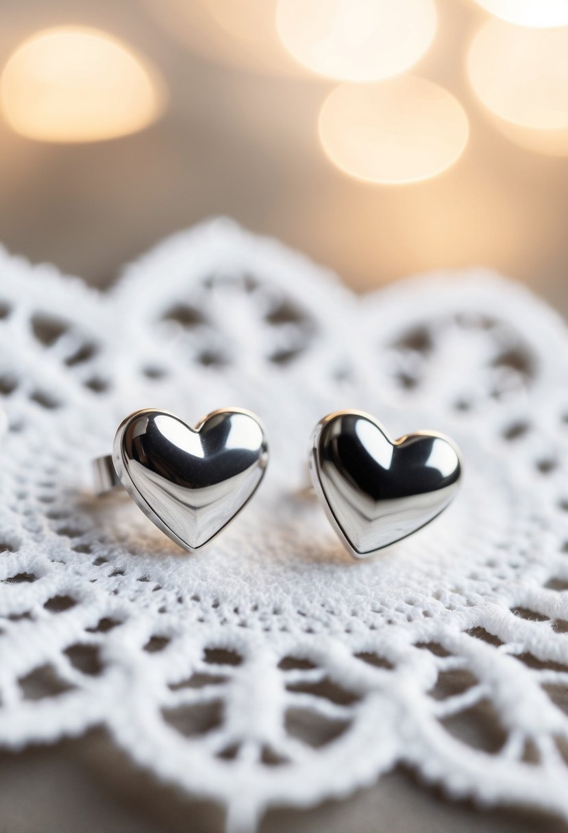 Two delicate sterling silver heart-shaped studs on a white lace background, with a soft, romantic lighting creating a dreamy atmosphere