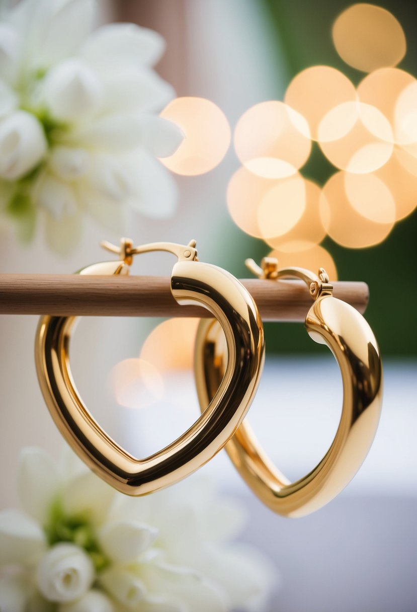 A pair of 14k gold bold heart-shaped hoop earrings, gleaming in the soft light of a wedding ceremony, symbolizing love and commitment