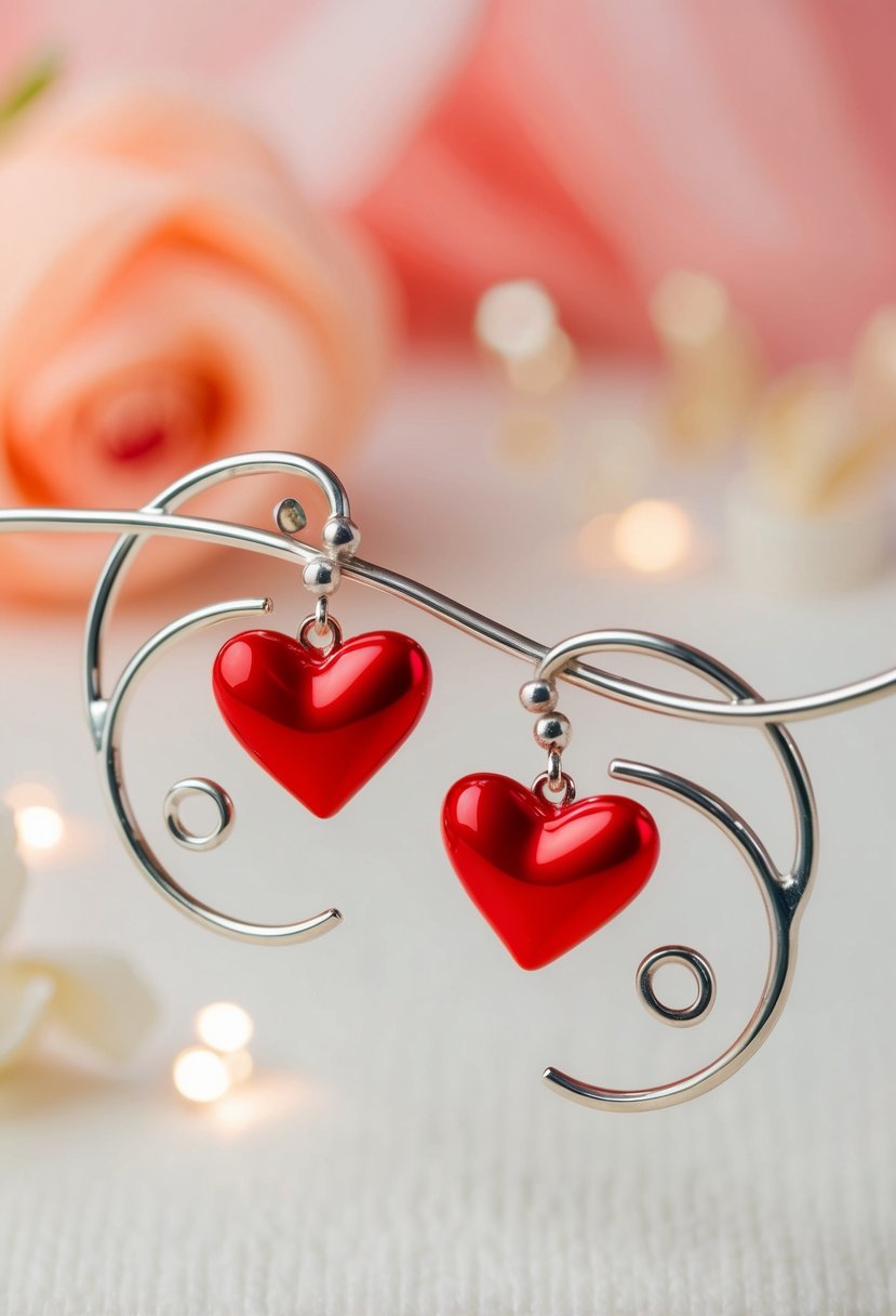 A pair of red heart-shaped earrings surrounded by delicate swirls and set against a soft, romantic background